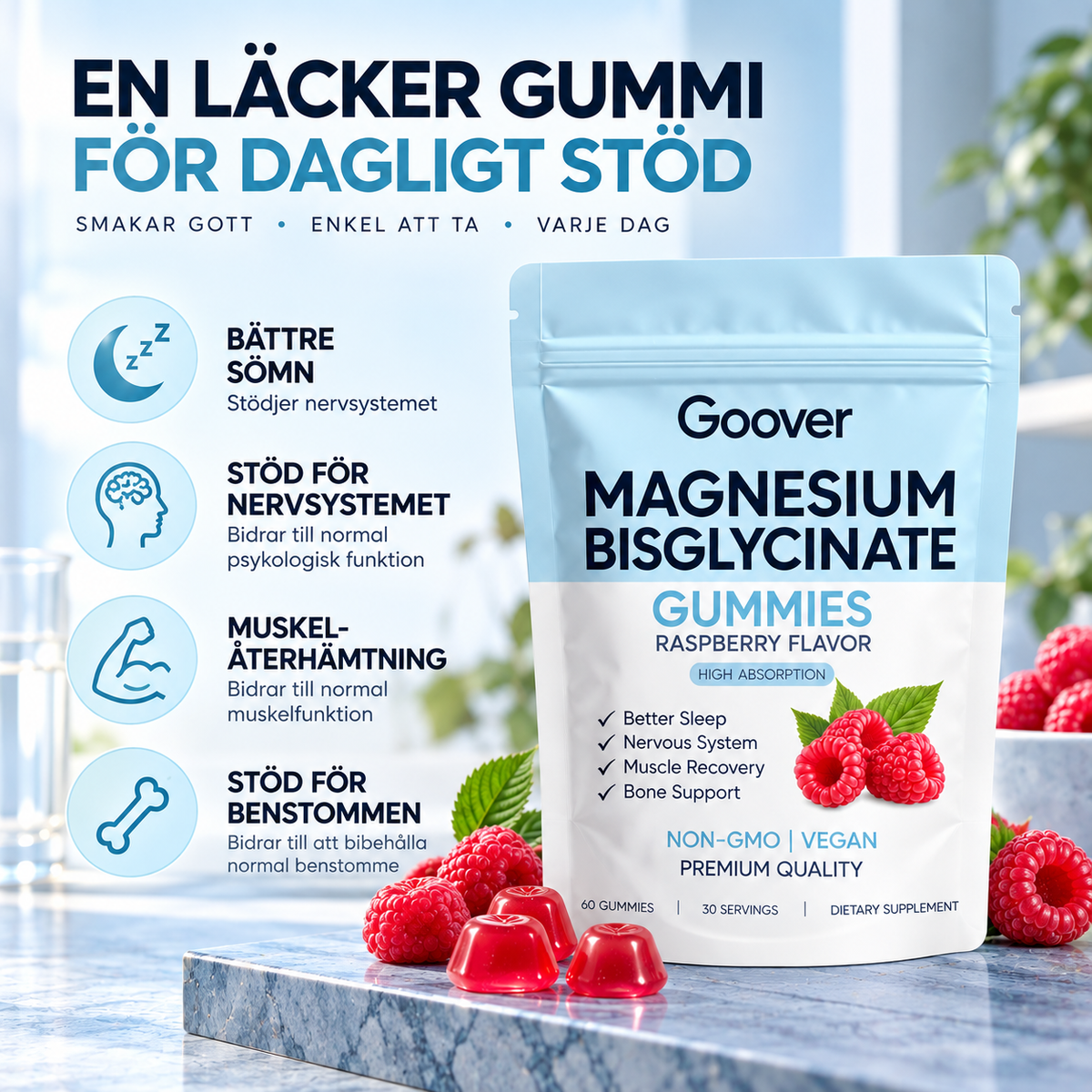 Magnesium Bisglycinat Gummies 400 mg – Hallonsmak, 60 Gummies