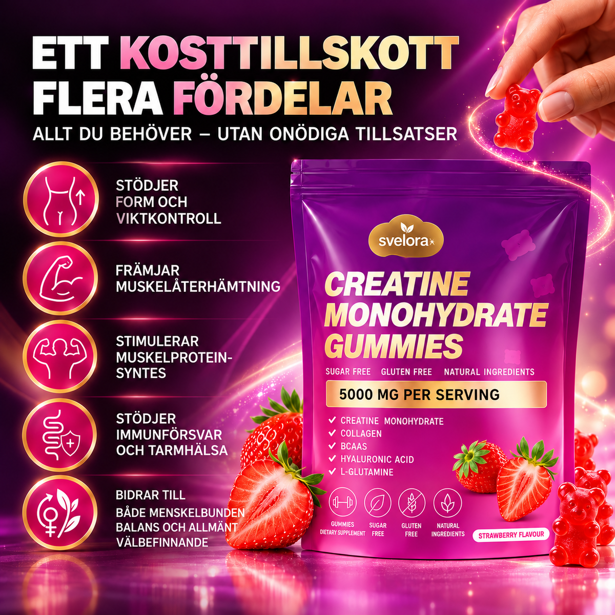Creatine Monohydrate Gummies 5000 mg – Sugar Free – Strawberry – 60 Gummies