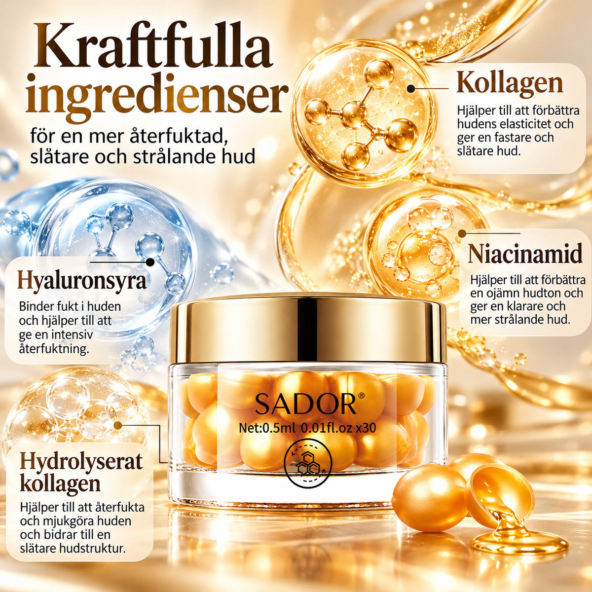 Ansiktsserum i Gyllene Kapslar – Återfuktande Hudvård – 30 Kapslar, 15 ml