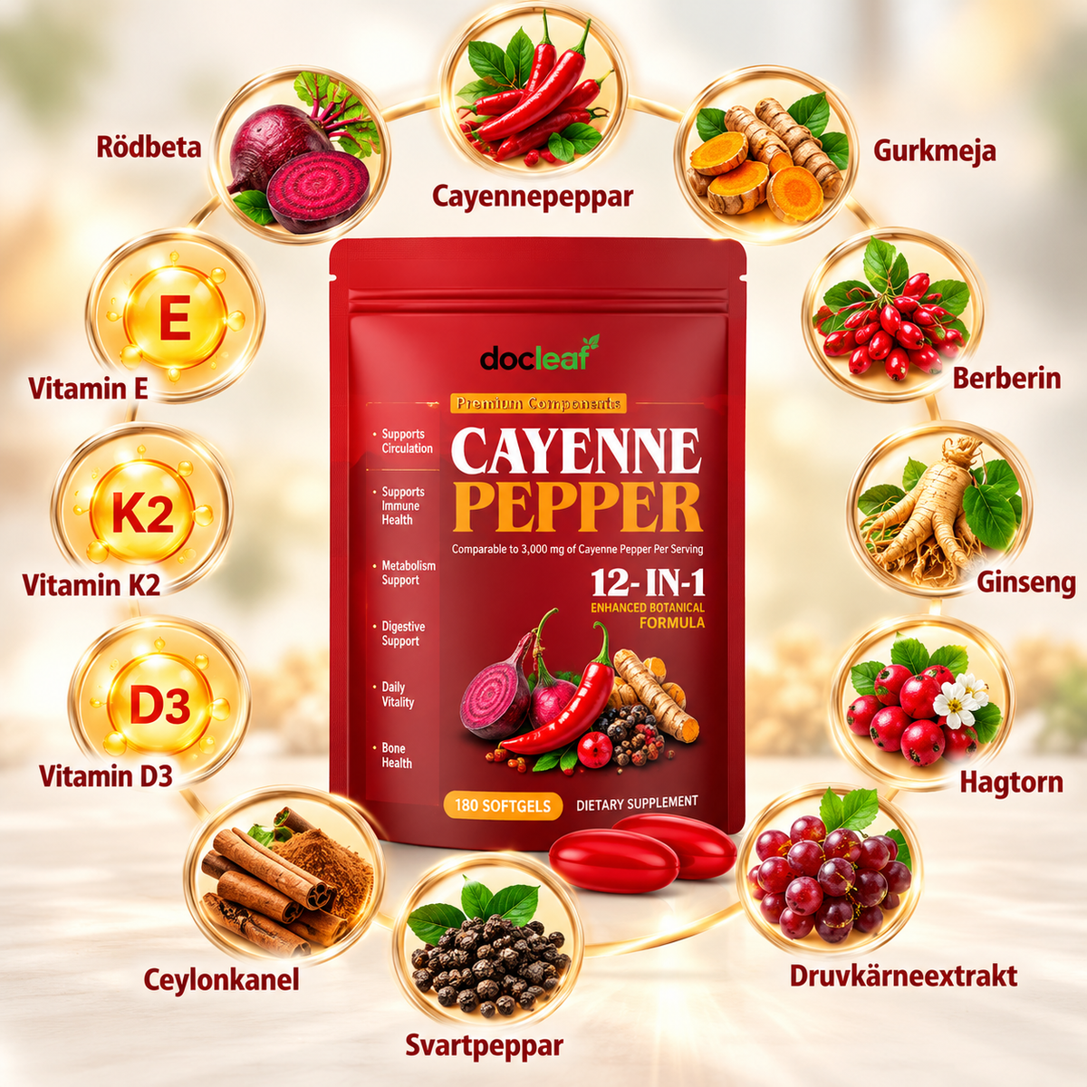 Cayennepeppar 12-i-1 Kapslar – Växtextrakt, Vitamin D3, K2 & E, 180 st