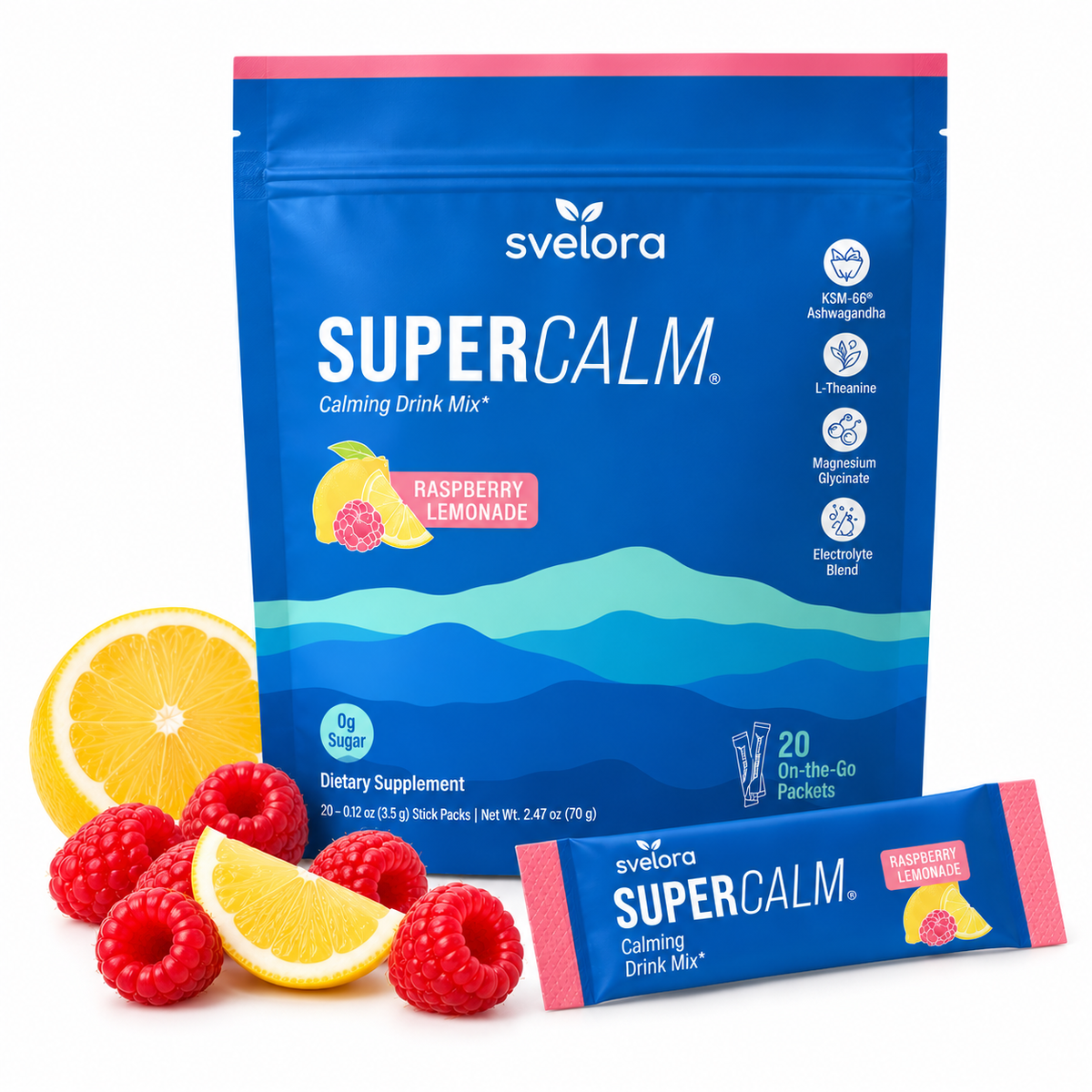 SuperCalm Raspberry Lemonade – Ashwagandha, L-Theanine, Magnesium & Vitamin D3 – 20 Portioner