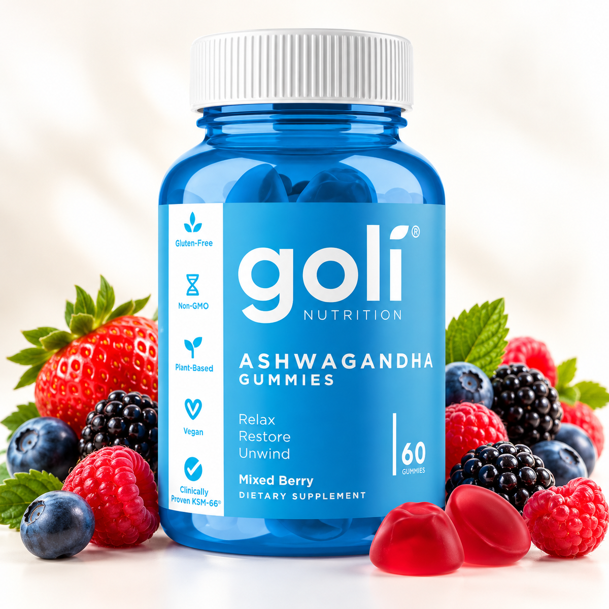 Ashwagandha KSM-66® Gummies med Vitamin D2 – 60 st – Blandade Bär