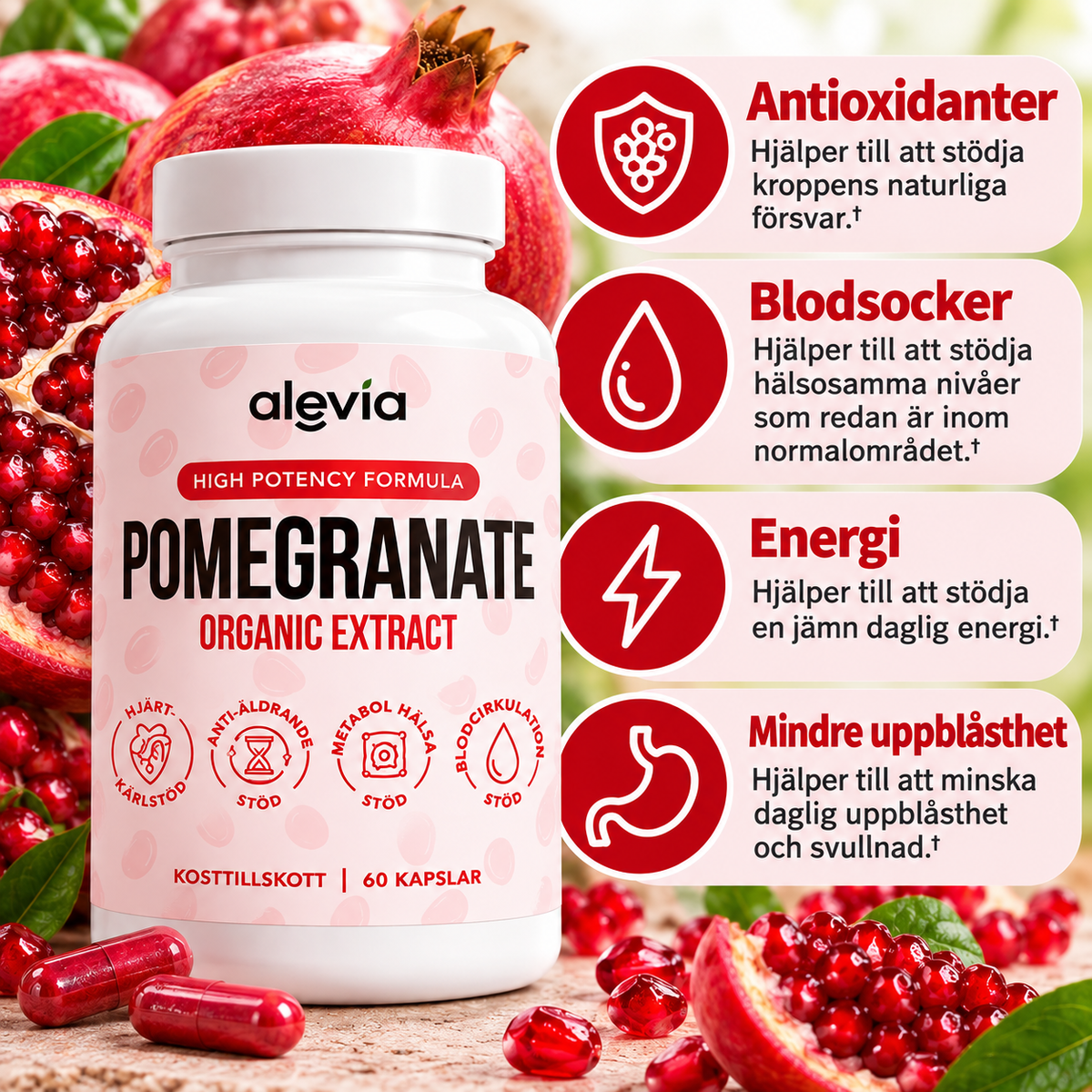 Alevia Granatäppleextrakt 500 mg – Ekologiskt Pomegranate Extract, 60 Kapslar