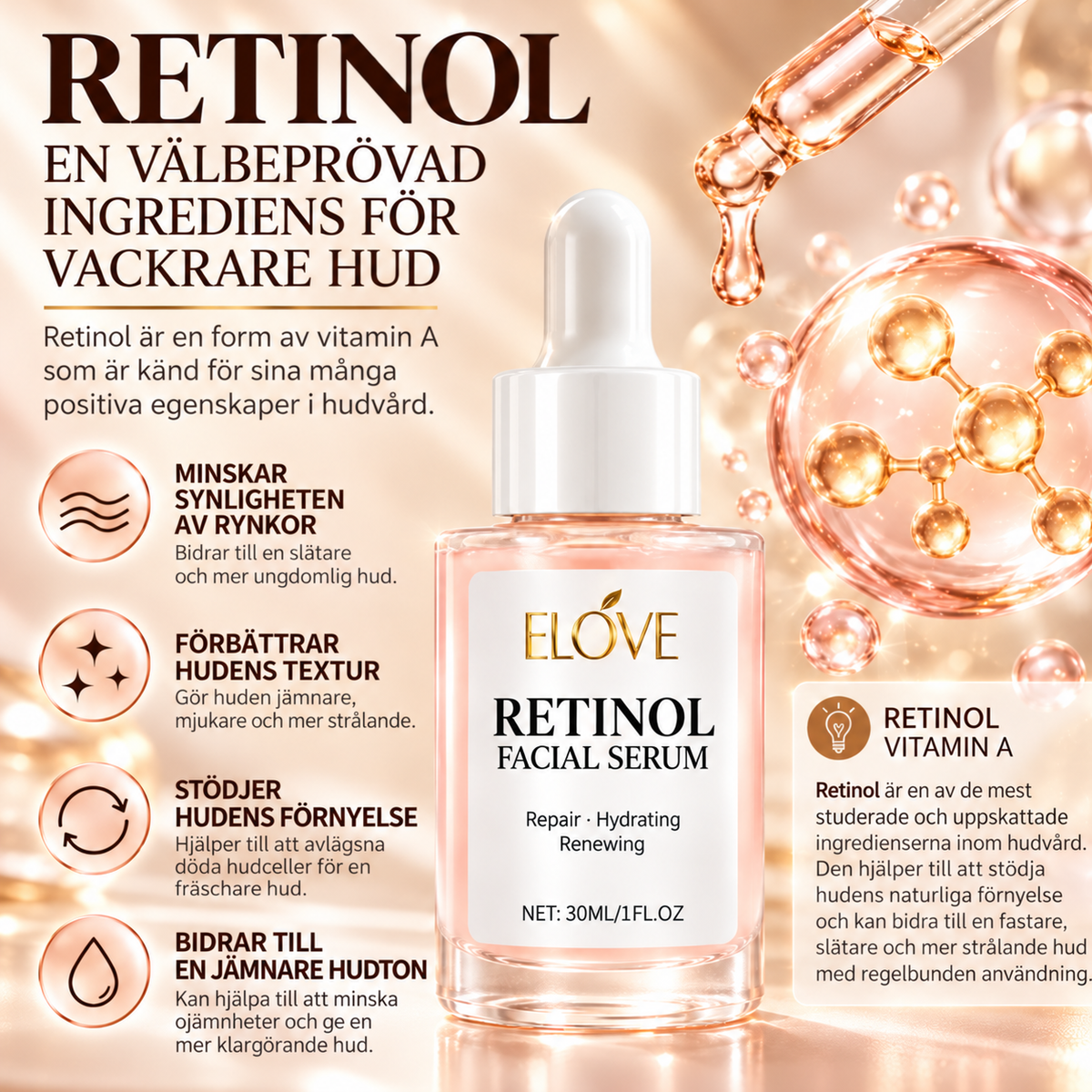 Retinol Ansiktsserum – Mot Fina Linjer & Ojämn Hudton – 30 ml