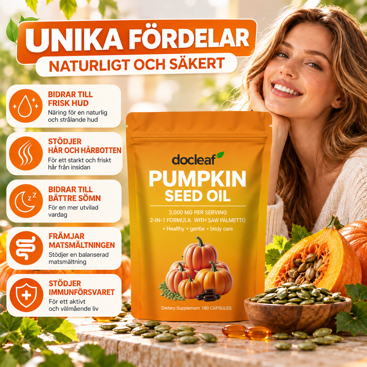 Pumpafröolja 3000 mg med Sågpalmetto 300 mg – 180 Softgels