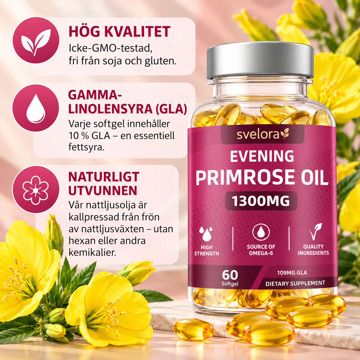Nattljusolja 1300 mg med GLA – Omega-6 – 60 mjuka kapslar