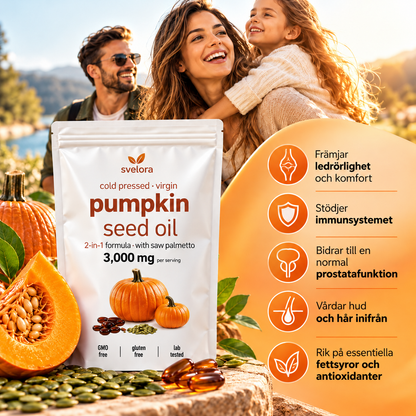 Pumpafröolja med Sågpalmetto – 3000 mg + 500 mg – 180 Mjuka Kapslar – Kallpressad