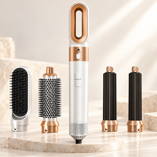 5-in-1 Air Styler med Hårtork, Locktång, Rätborste & Rundborste – Vit/Guld