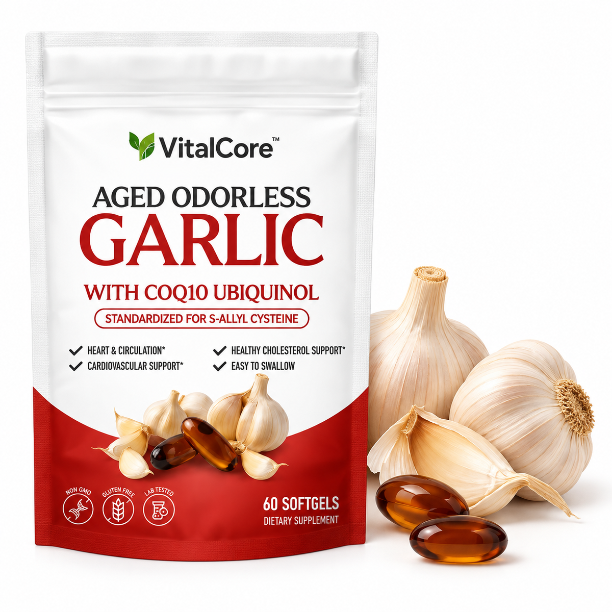 VitalCore Luktfri Lagrad Vitlök + CoQ10 Ubiquinol & Vitamin K2 – 60 Softgels