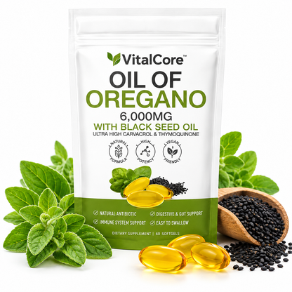 VitalCore Oreganoolja 20:1 300 mg (motsv. 6000 mg) + Svartkumminolja 200 mg – 60 Softgels med 165 mg Karvakrol