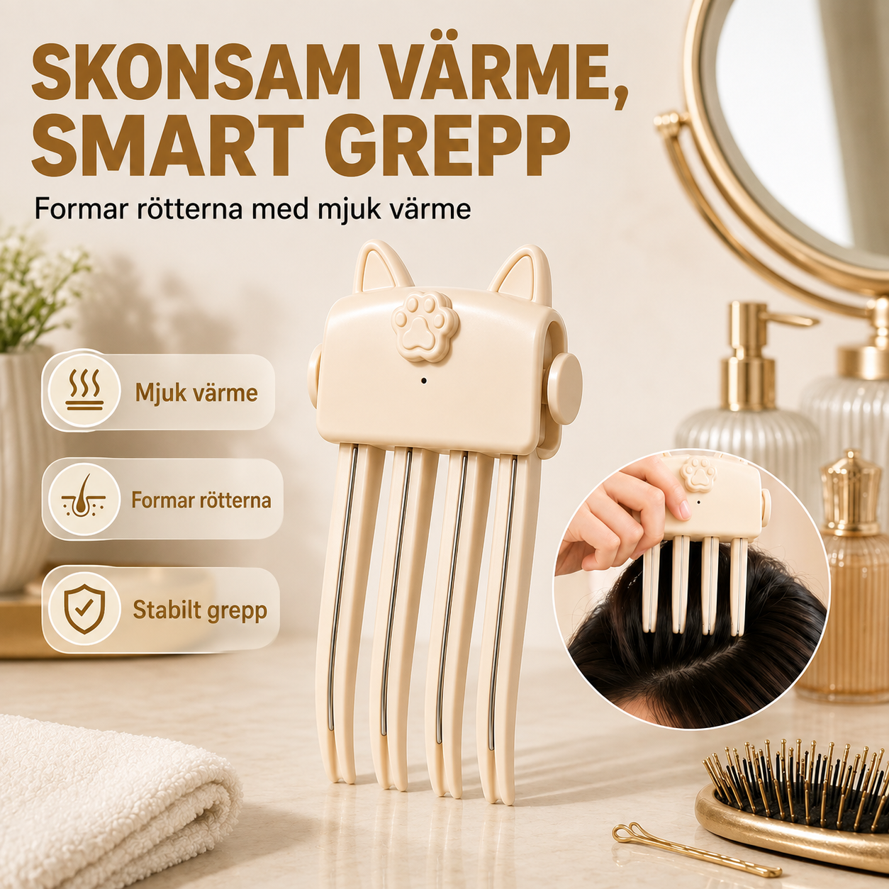 Uppvärmd hårklämma för volym vid hårrötterna – långvarig volym