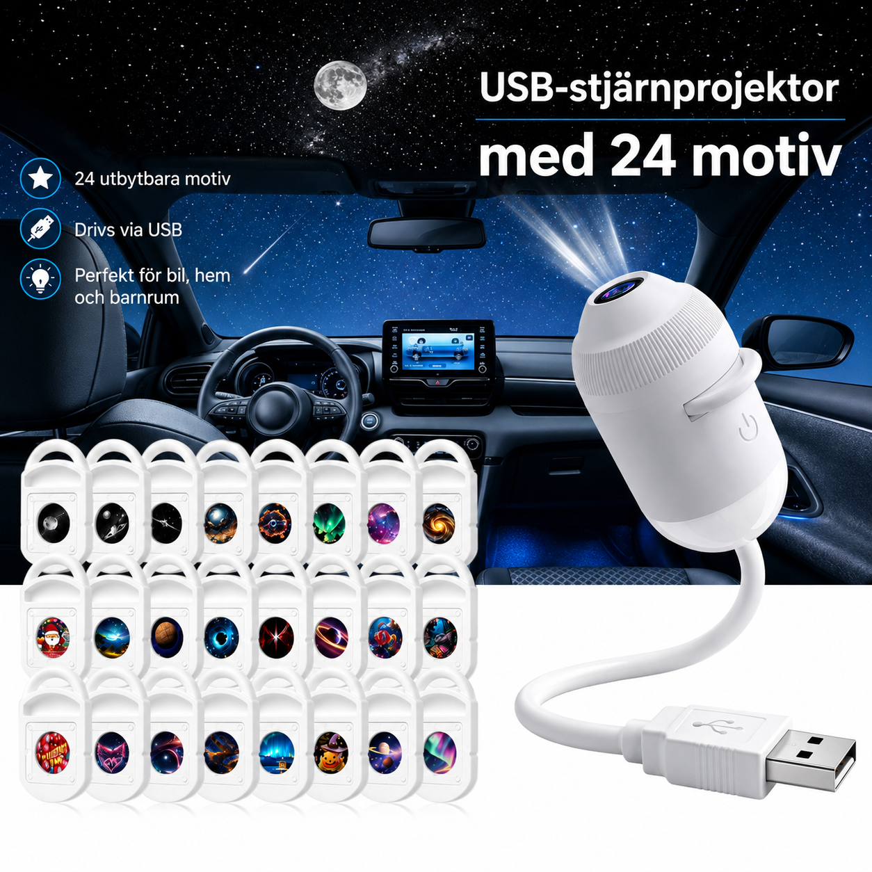 Rymdprojektor med 24 motiv – USB Galaxylampa