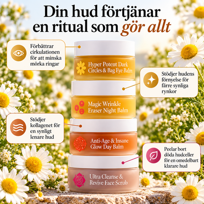 Hudvårdsset för mogen hud – 4 delar med ansiktsskrubb, dagbalm, ögonbalm och nattbalm