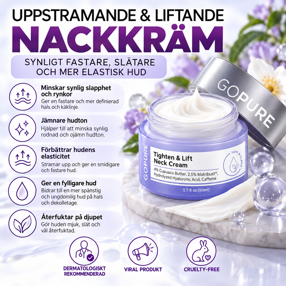 GoPure Tighten & Lift Nackkräm – Uppstramande halskräm med hyaluronsyra, koffein & Cupuaçusmör | 50 ml
