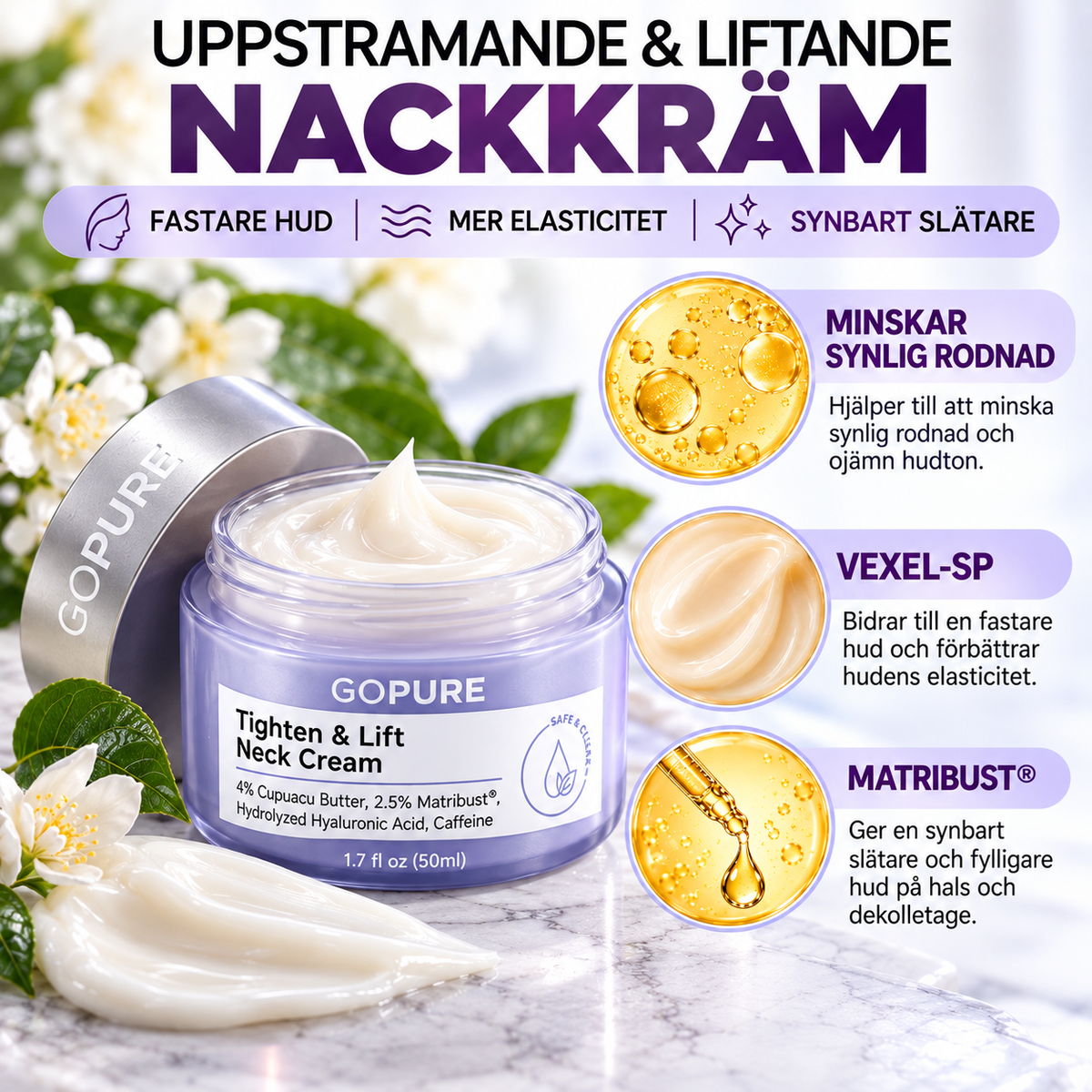 GoPure Tighten & Lift Nackkräm – Uppstramande halskräm med hyaluronsyra, koffein & Cupuaçusmör | 50 ml