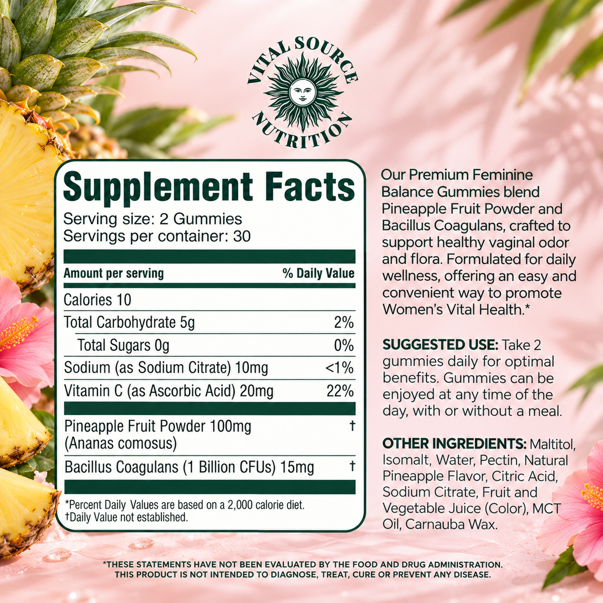 Vital Source Feminine Balance Gummies – För kvinnligt välbefinnande med ananas & Bacillus Coagulans – 60 st
