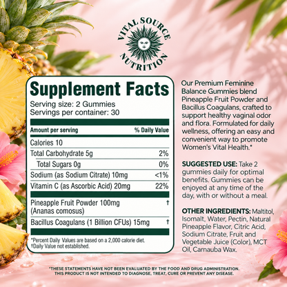 Vital Source Feminine Balance Gummies – För kvinnligt välbefinnande med ananas & Bacillus Coagulans – 60 st