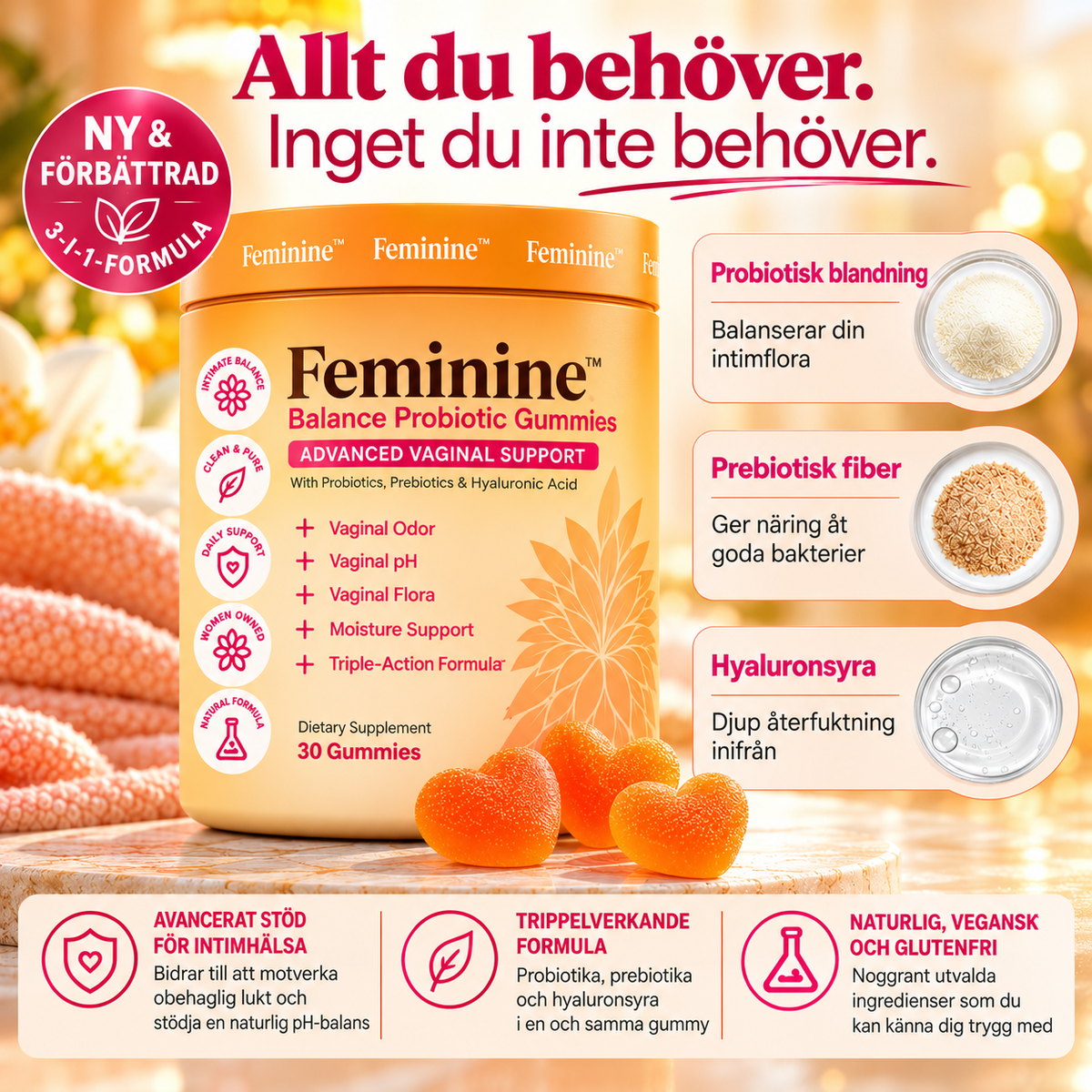 Feminine Balance Probiotic Gummies för Intimhälsa – Probiotika, Prebiotika & Hyaluronsyra, 30 st