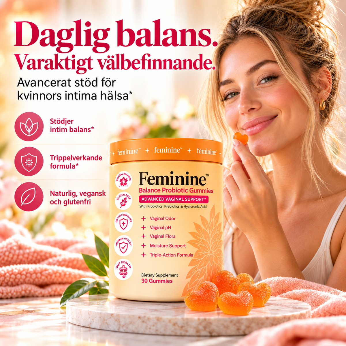Feminine Balance Probiotic Gummies för Intimhälsa – Probiotika, Prebiotika & Hyaluronsyra, 30 st