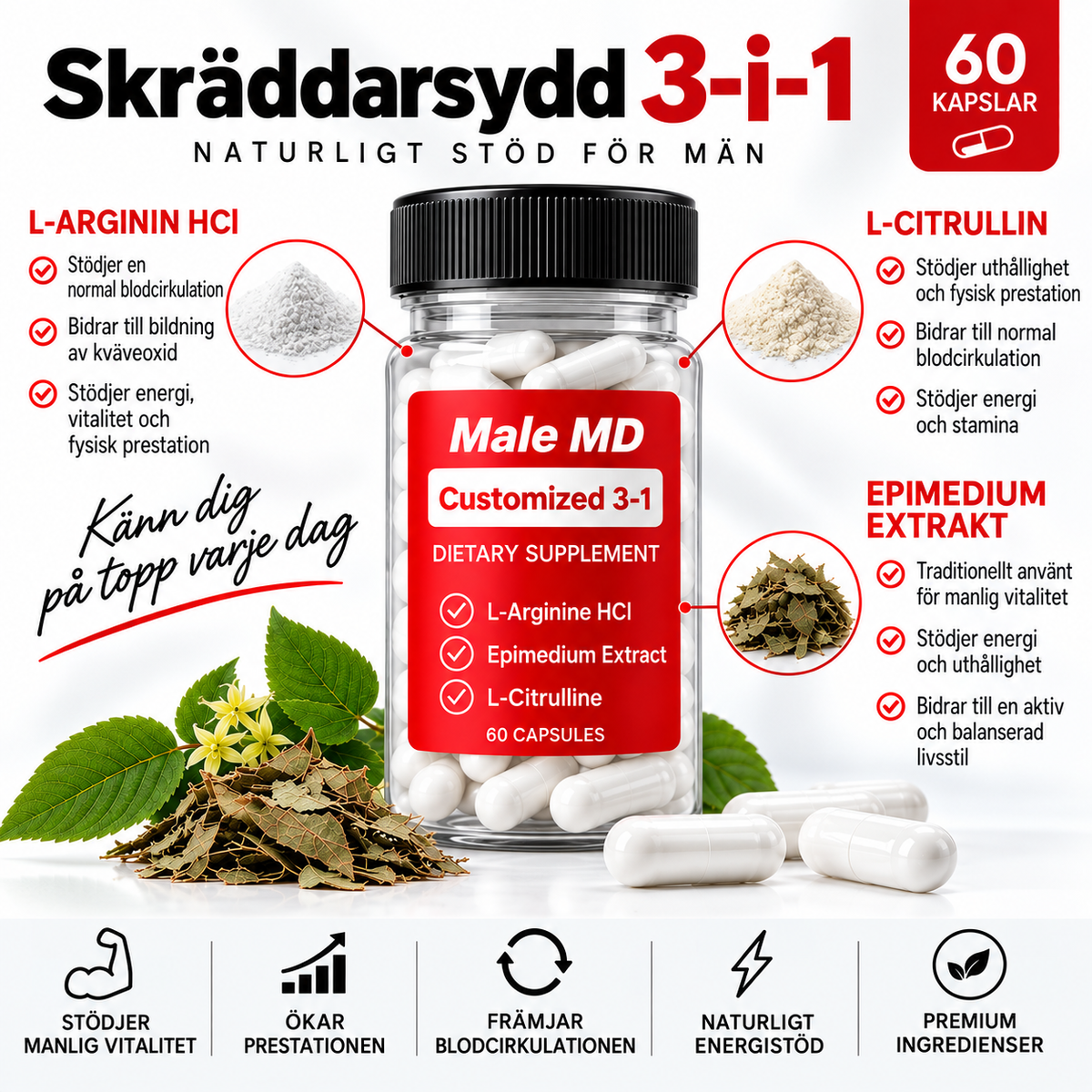 Male MD 3-i-1 Kosttillskott – L-Arginin HCl, L-Citrullin & Epimediumextrakt – 60 Kapslar