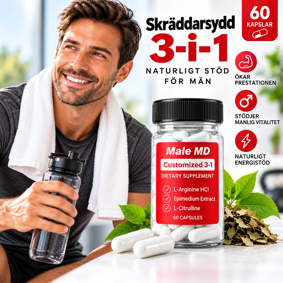 Male MD 3-i-1 Kosttillskott – L-Arginin HCl, L-Citrullin & Epimediumextrakt – 60 Kapslar