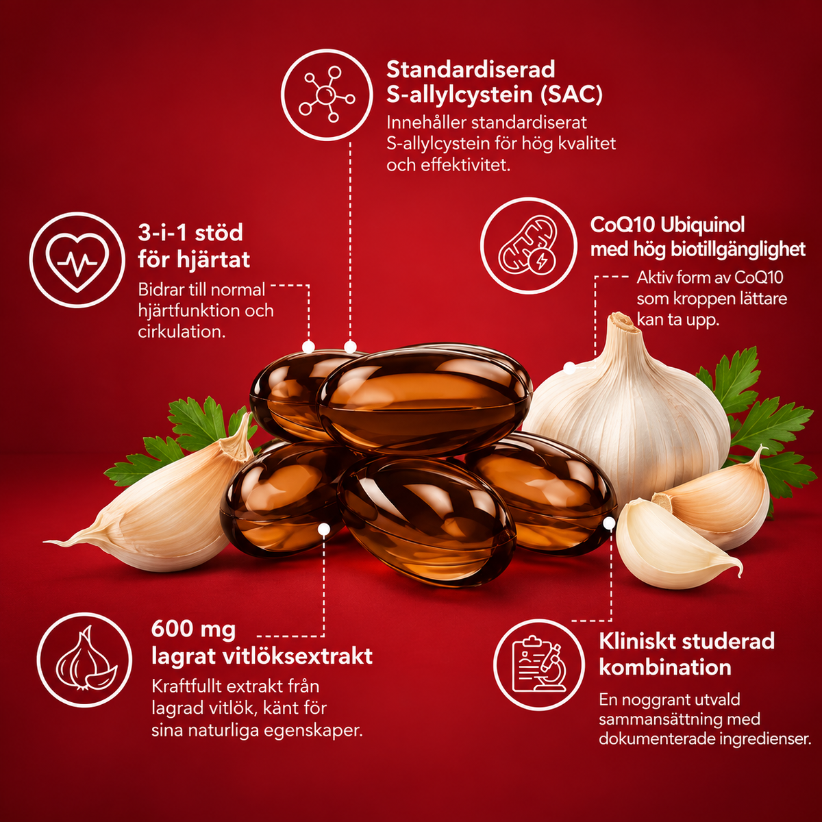 VitalCore Luktfri Lagrad Vitlök + CoQ10 Ubiquinol & Vitamin K2 – 60 Softgels