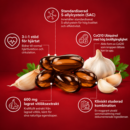 VitalCore Luktfri Lagrad Vitlök + CoQ10 Ubiquinol & Vitamin K2 – 60 Softgels