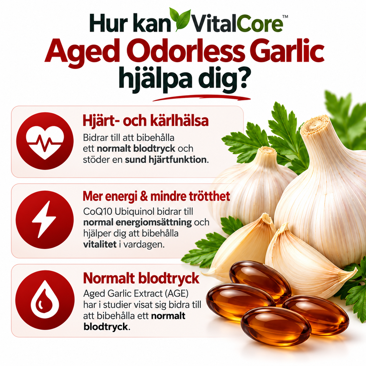 VitalCore Luktfri Lagrad Vitlök + CoQ10 Ubiquinol & Vitamin K2 – 60 Softgels