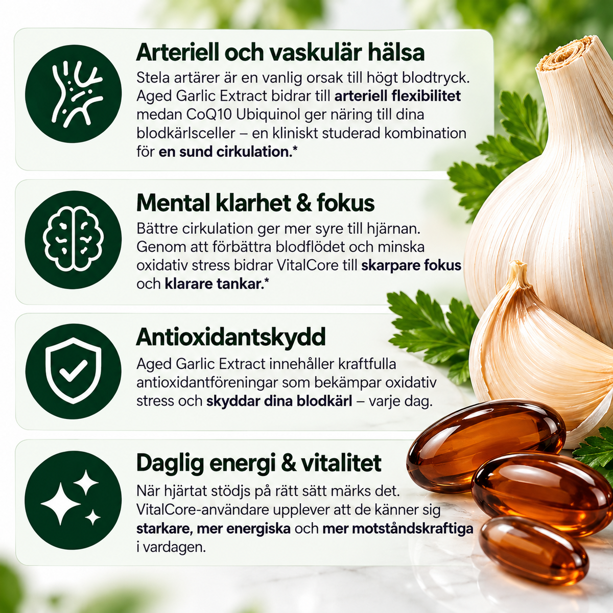 VitalCore Luktfri Lagrad Vitlök + CoQ10 Ubiquinol & Vitamin K2 – 60 Softgels