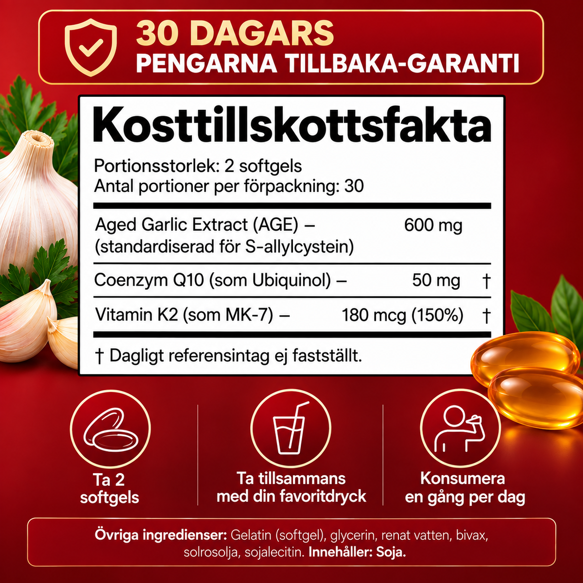 VitalCore Luktfri Lagrad Vitlök + CoQ10 Ubiquinol & Vitamin K2 – 60 Softgels