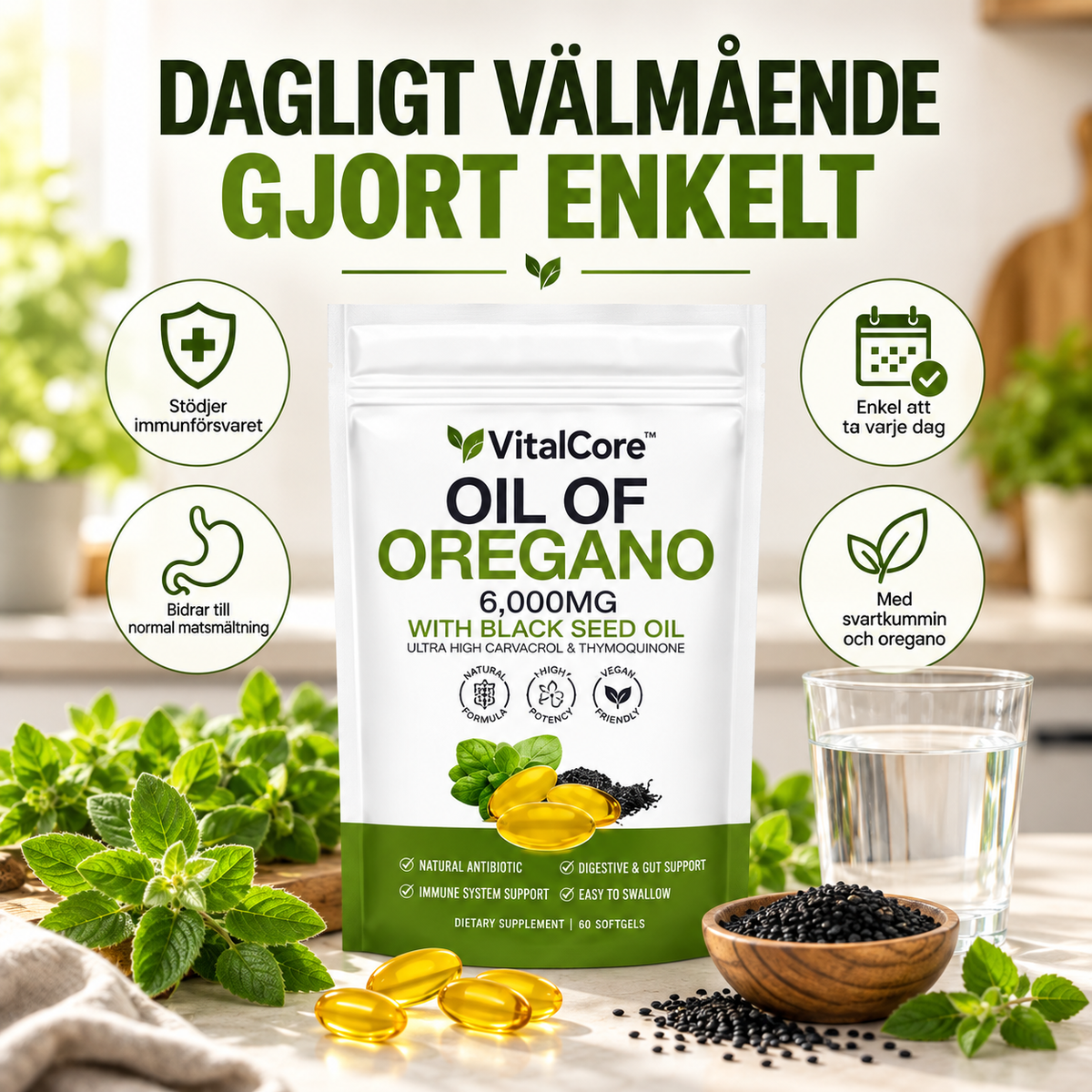 VitalCore Oreganoolja 20:1 300 mg (motsv. 6000 mg) + Svartkumminolja 200 mg – 60 Softgels med 165 mg Karvakrol