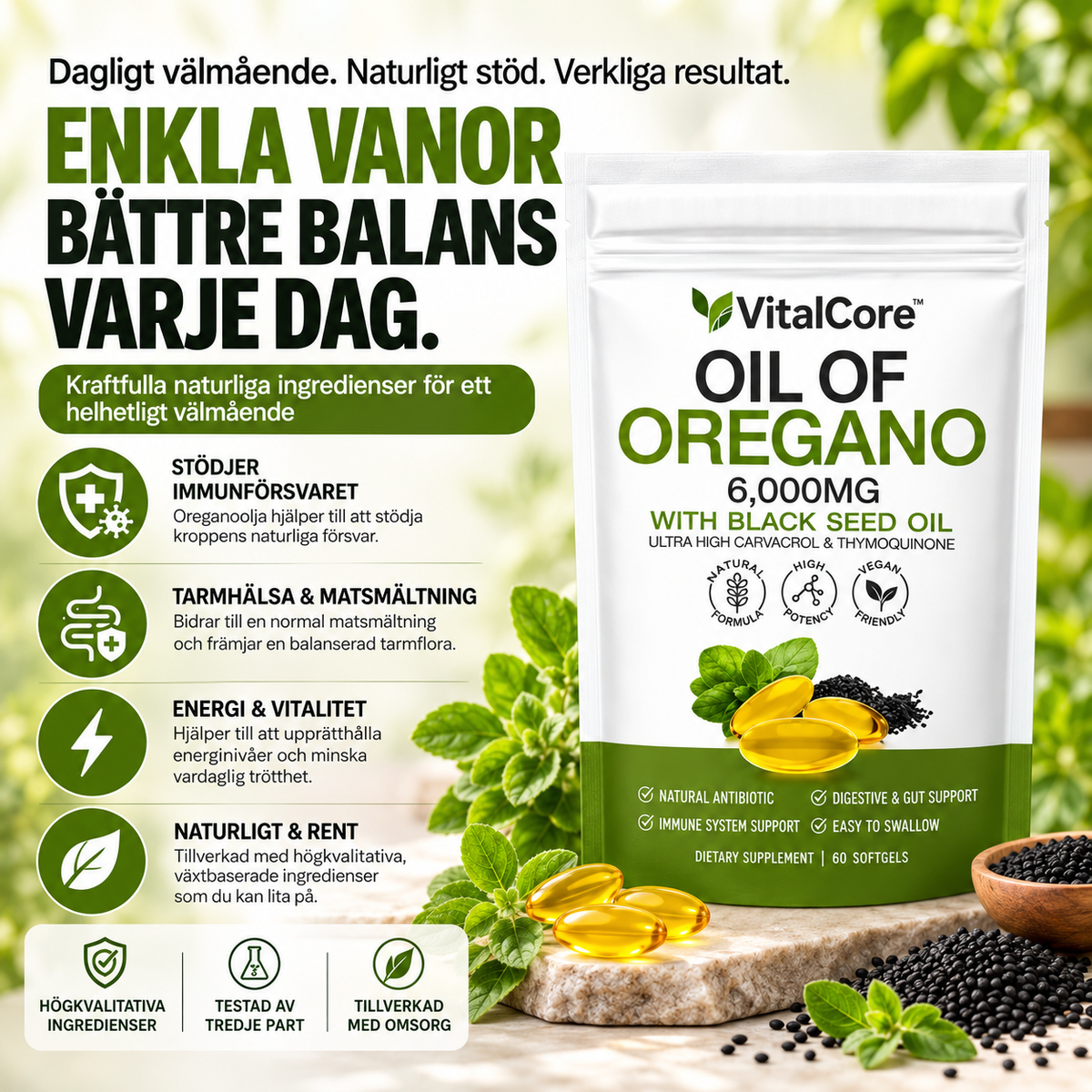 VitalCore Oreganoolja 20:1 300 mg (motsv. 6000 mg) + Svartkumminolja 200 mg – 60 Softgels med 165 mg Karvakrol