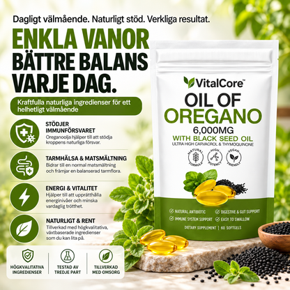 VitalCore Oreganoolja 20:1 300 mg (motsv. 6000 mg) + Svartkumminolja 200 mg – 60 Softgels med 165 mg Karvakrol
