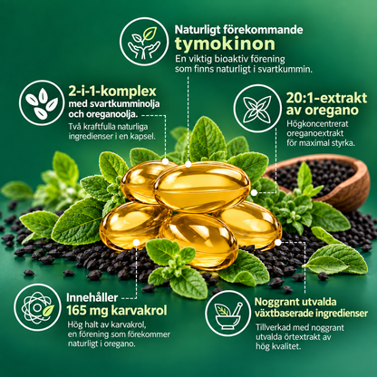 VitalCore Oreganoolja 20:1 300 mg (motsv. 6000 mg) + Svartkumminolja 200 mg – 60 Softgels med 165 mg Karvakrol