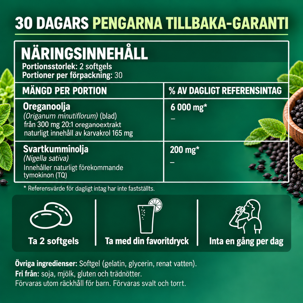 VitalCore Oreganoolja 20:1 300 mg (motsv. 6000 mg) + Svartkumminolja 200 mg – 60 Softgels med 165 mg Karvakrol