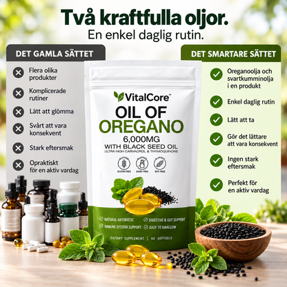 VitalCore Oreganoolja 20:1 300 mg (motsv. 6000 mg) + Svartkumminolja 200 mg – 60 Softgels med 165 mg Karvakrol