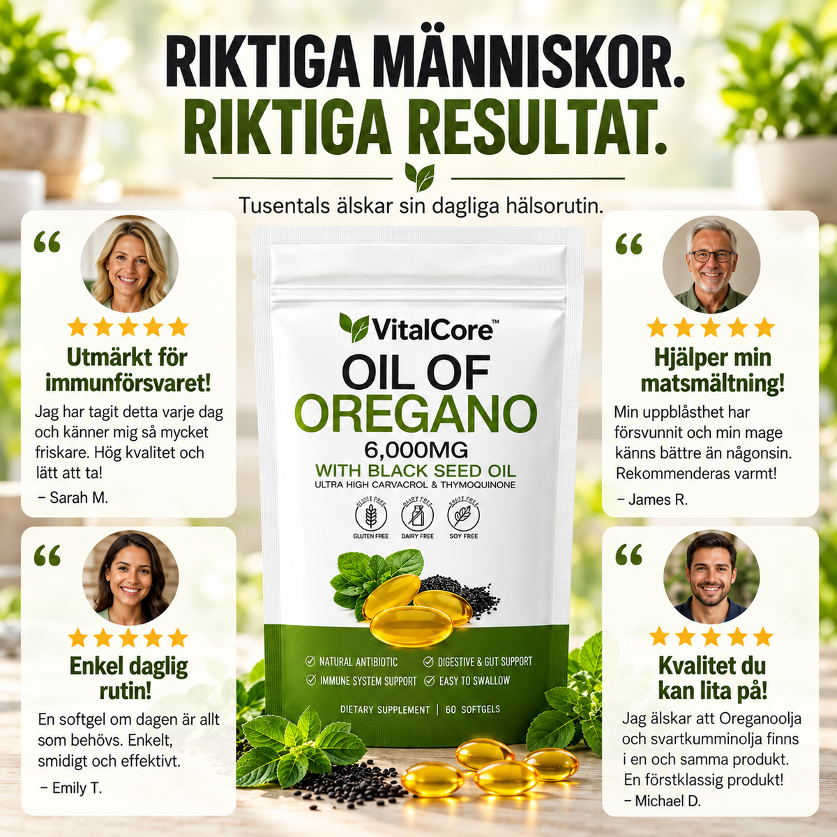 VitalCore Oreganoolja 20:1 300 mg (motsv. 6000 mg) + Svartkumminolja 200 mg – 60 Softgels med 165 mg Karvakrol