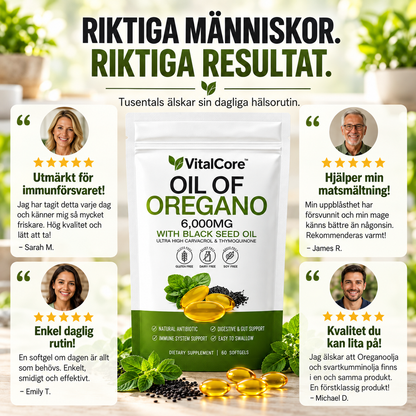 VitalCore Oreganoolja 20:1 300 mg (motsv. 6000 mg) + Svartkumminolja 200 mg – 60 Softgels med 165 mg Karvakrol