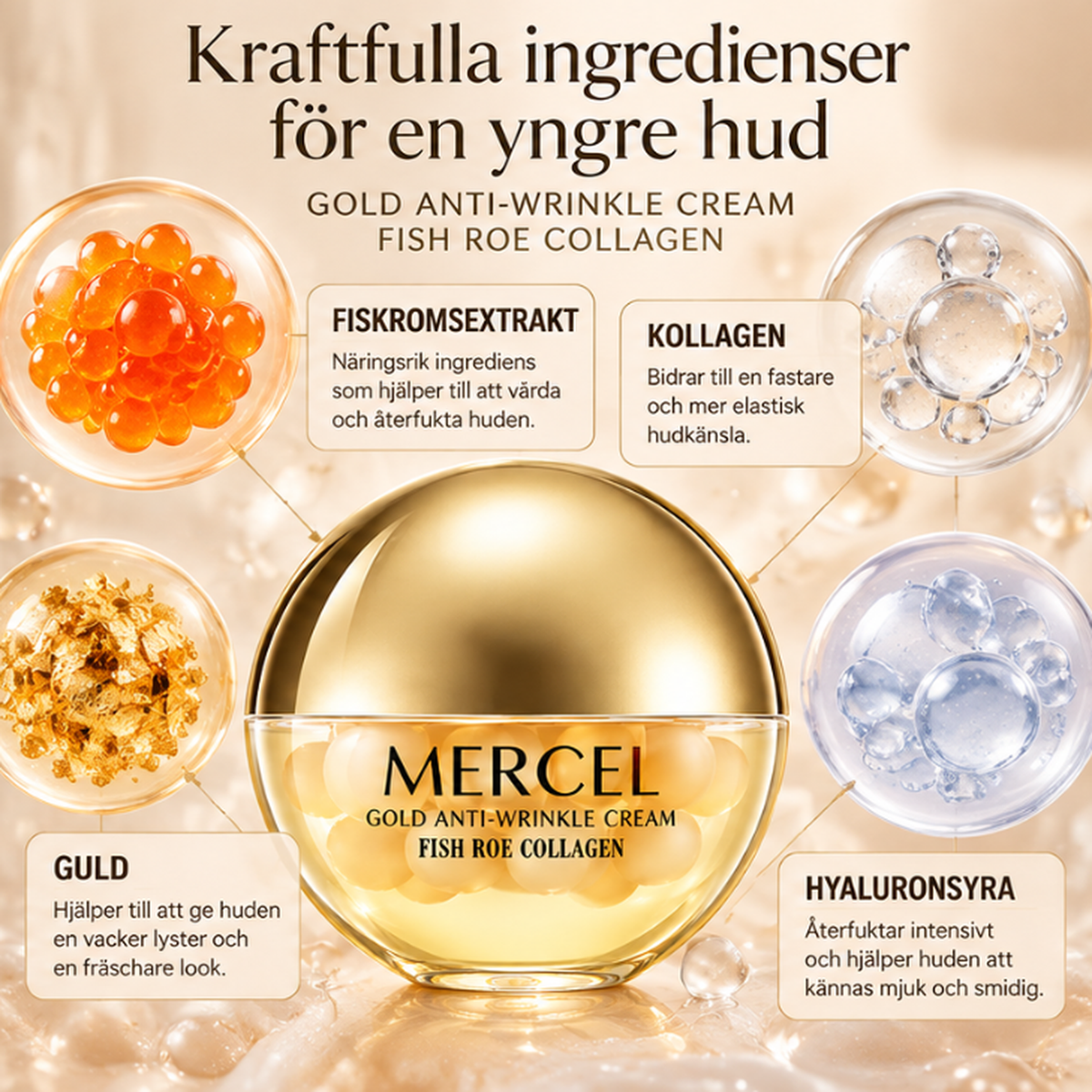 Ansiktskräm med Kollagen & Fiskromsextrakt – Anti-Age med Gyllene Krämpärlor – 70 g