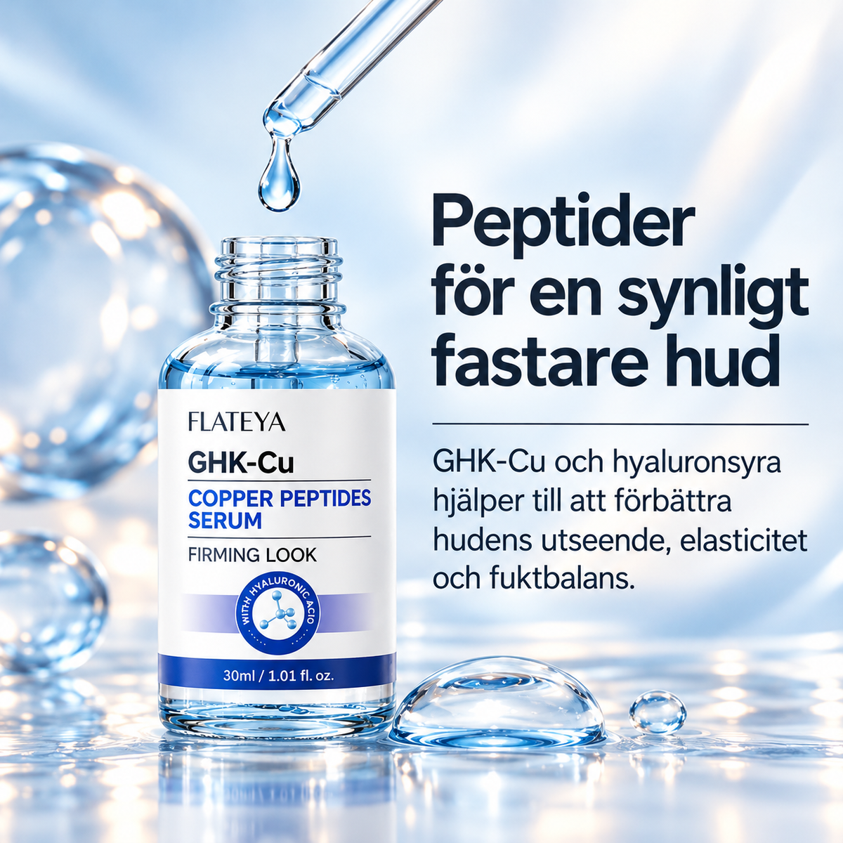 GHK-Cu Kopparpeptidserum med Hyaluronsyra – Anti-Age Ansiktsserum för Fastare och Slätare Hud – 30 ml