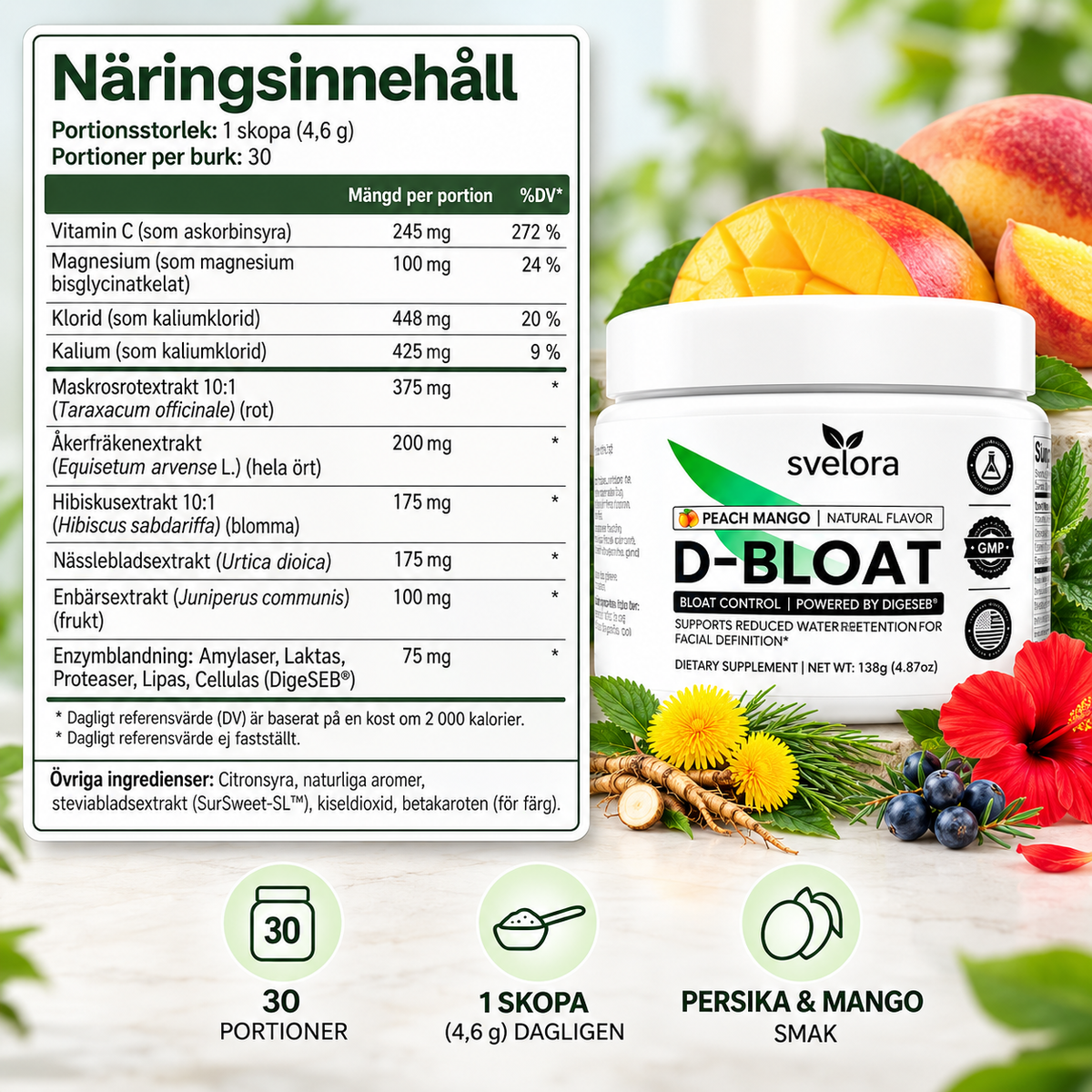 D-Bloat Kosttillskott Pulver – Persika & Mango – Maskros, Nässla, Hibiskus, Magnesium & Vitamin C – 30 Portioner