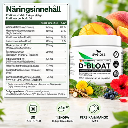 D-Bloat Kosttillskott Pulver – Persika & Mango – Maskros, Nässla, Hibiskus, Magnesium & Vitamin C – 30 Portioner