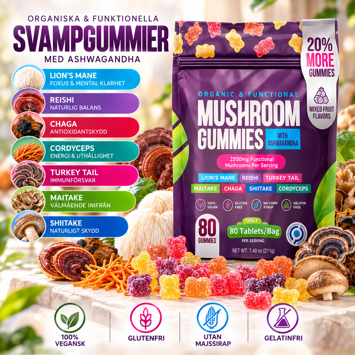 7-i-1 Mushroom Gummies 2500 mg med Lion’s Mane & Ashwagandha – 80 st