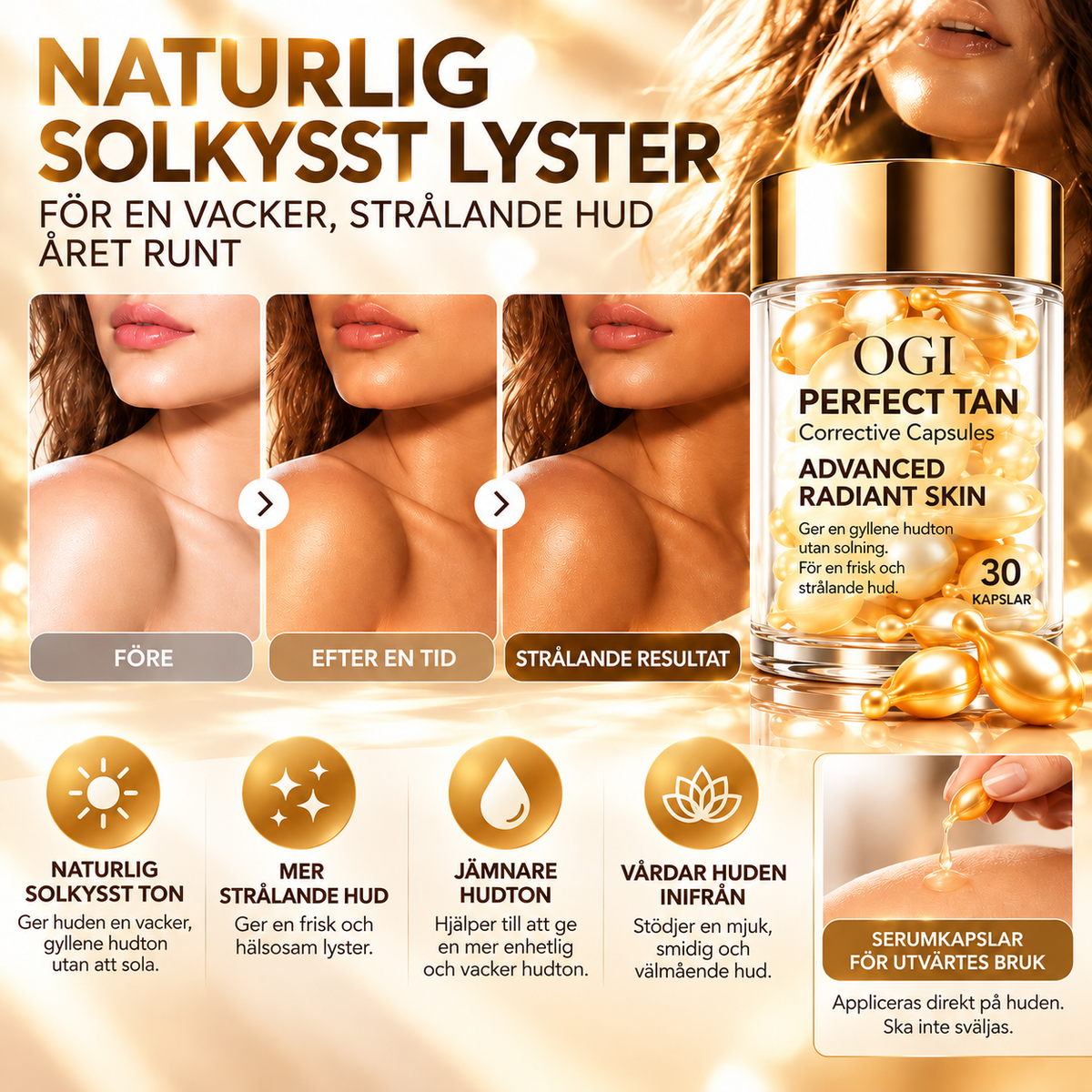 Perfect Tan Brun Utan Sol Serumkapslar – Gyllene Hudton – 30 Kapslar