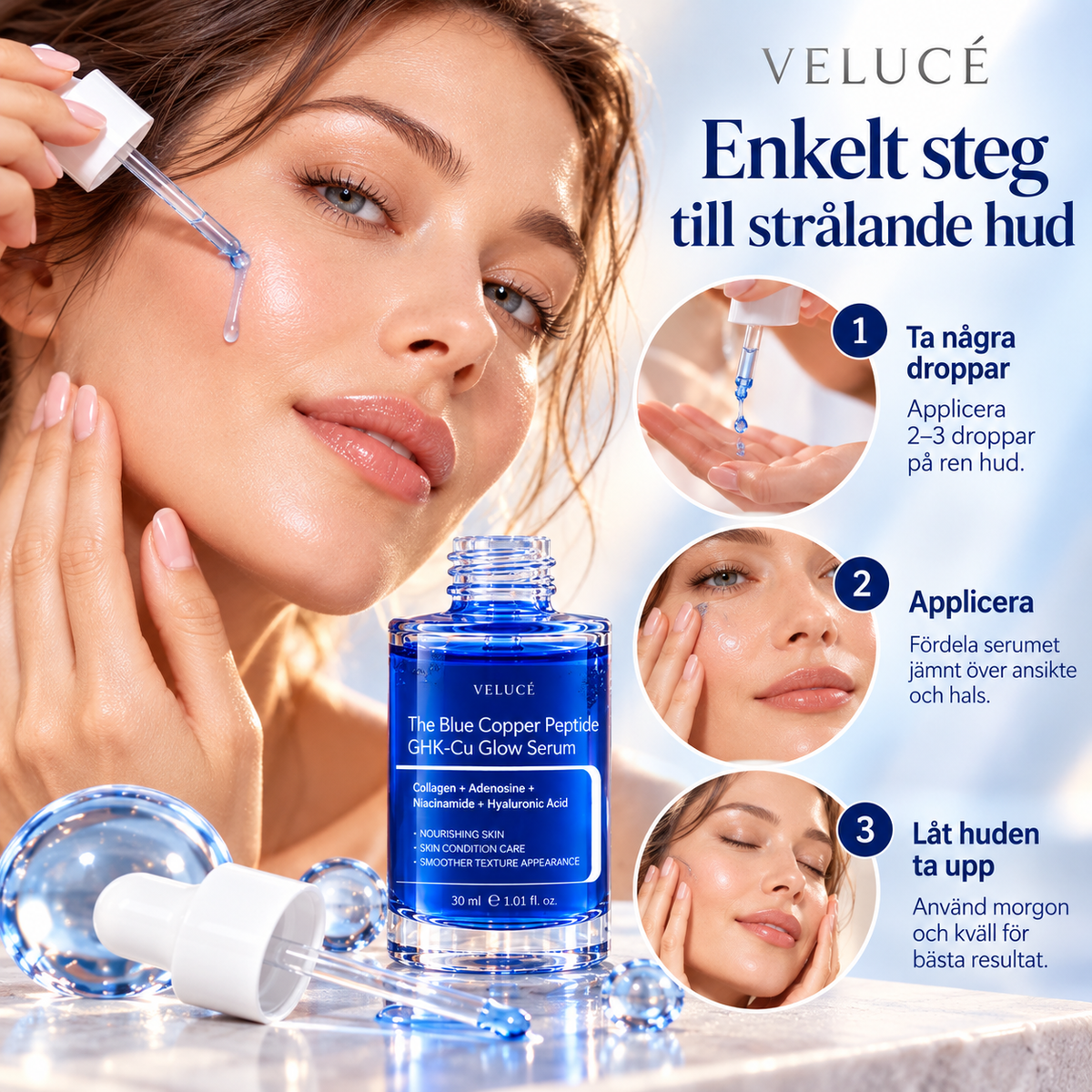 GHK-Cu Kopparpeptidserum för Ansiktet – Med Hyaluronsyra, Niacinamid & Kollagen – 30 ml