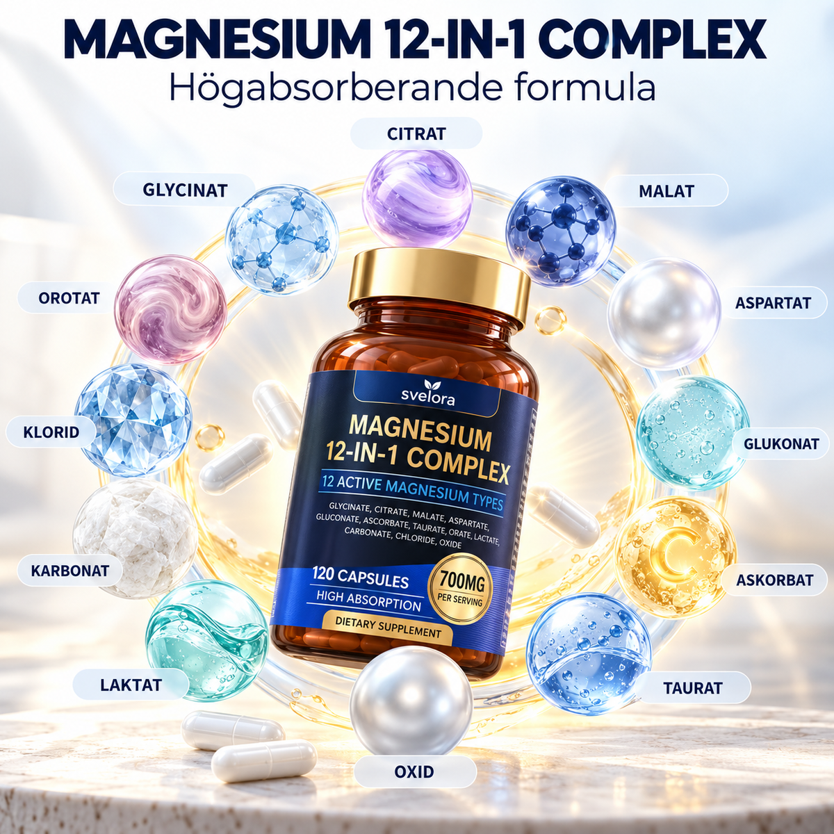 Magnesium 12-in-1 Complex – 12 Magnesiumformer, 700 mg Complex, 120 Kapslar