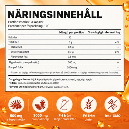 Pumpafröolja med Sågpalmetto – 3000 mg + 500 mg – 180 Mjuka Kapslar – Kallpressad