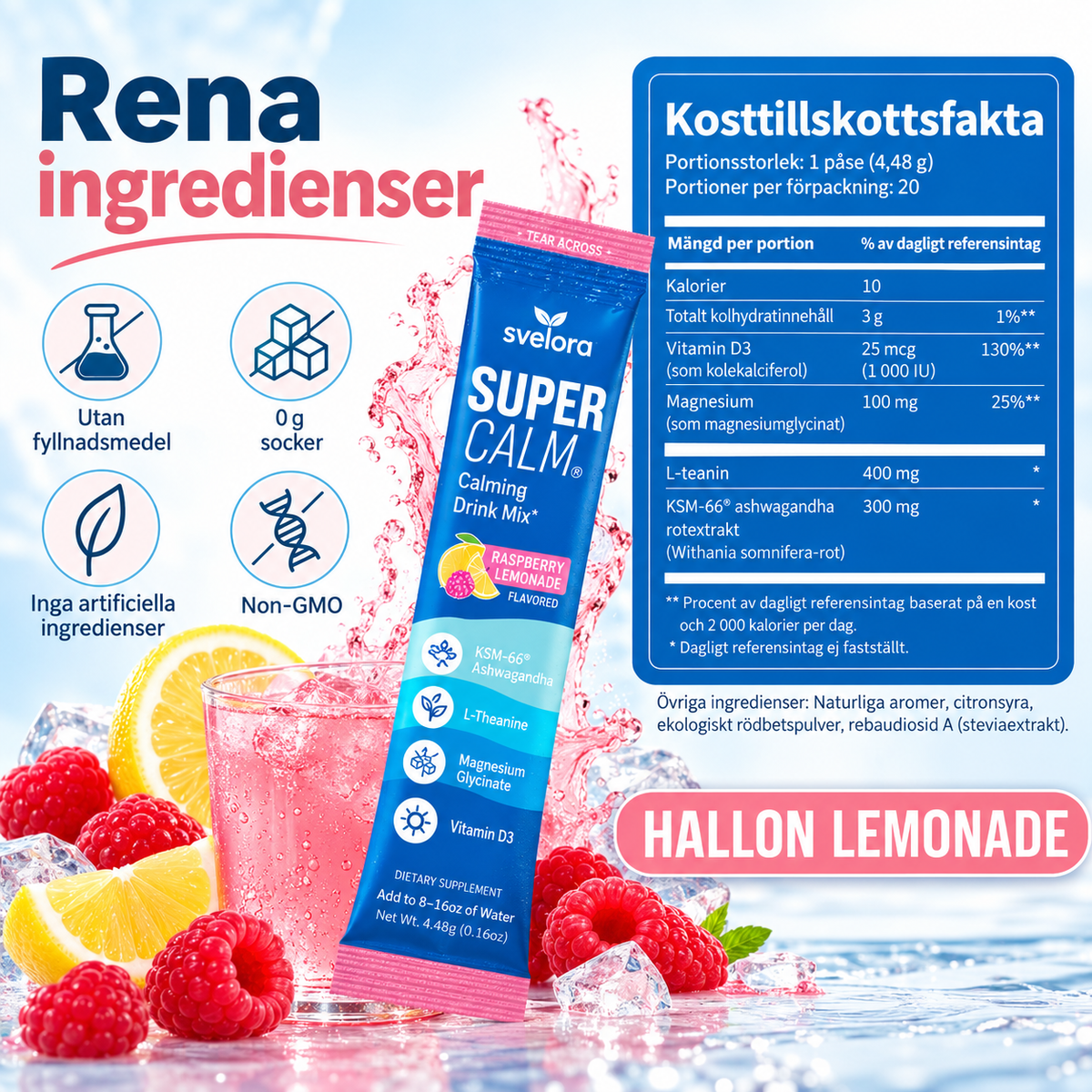 SuperCalm Raspberry Lemonade – Ashwagandha, L-Theanine, Magnesium & Vitamin D3 – 20 Portioner