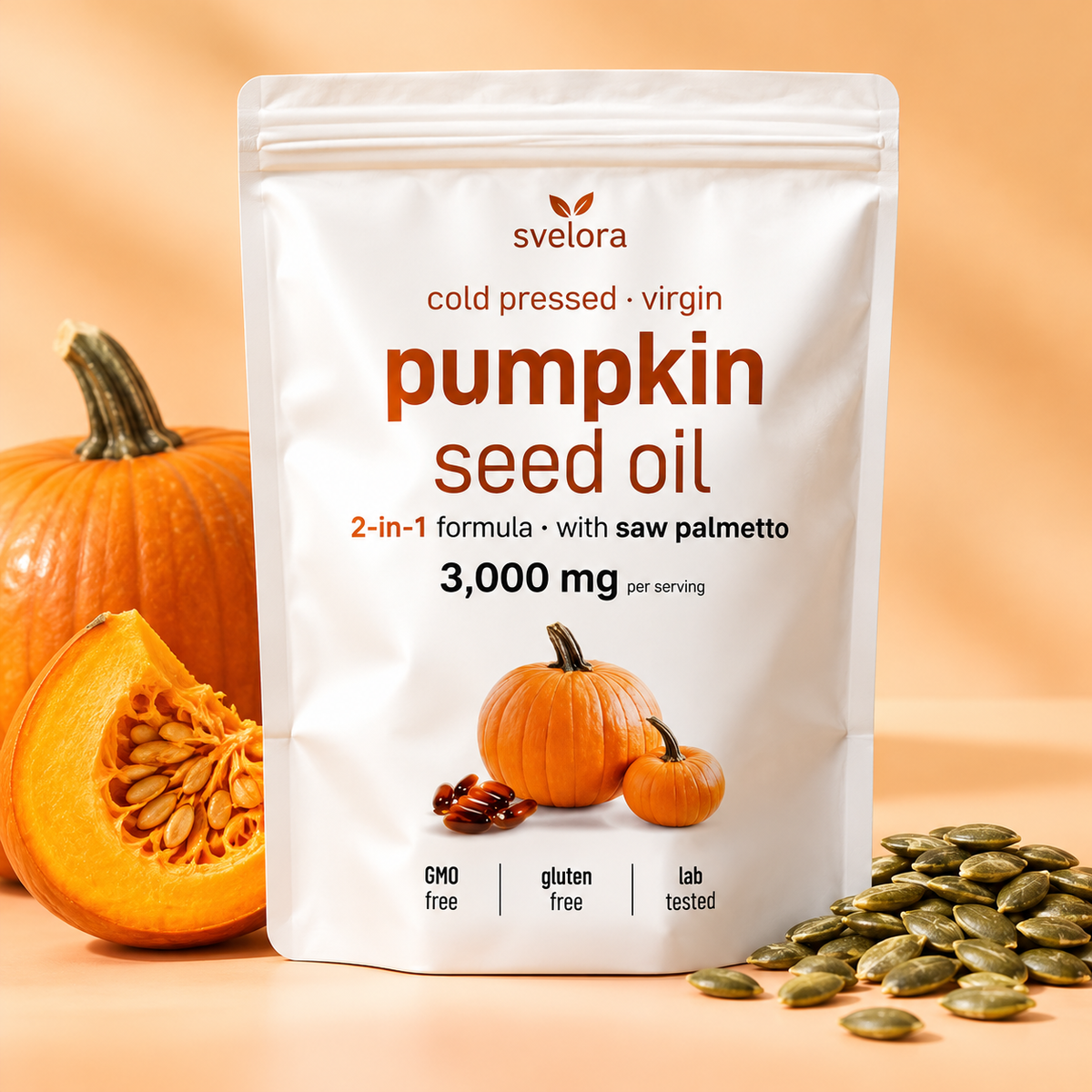 Pumpafröolja med Sågpalmetto – 3000 mg + 500 mg – 180 Mjuka Kapslar – Kallpressad