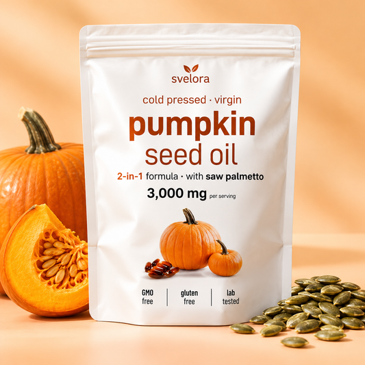 Pumpafröolja med Sågpalmetto – 3000 mg + 500 mg – 180 Mjuka Kapslar – Kallpressad